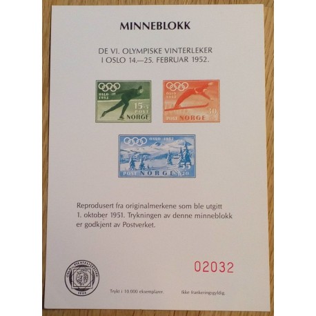 Frimerker: Minneblokk Olympiske Vinterleker i Oslo 1952