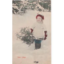 Vinter i Norge - Jente med juletre - Postkort