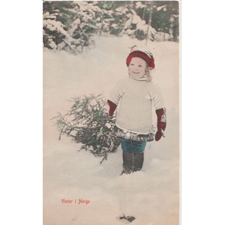 Vinter i Norge - Jente med juletre - Postkort