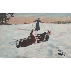 Damer på kjelke og ski - Julekort - Postkort