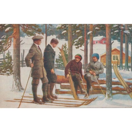Fire på ski - Julekort - Postkort