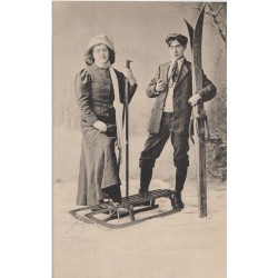 Par med kjelke og ski - Postkort