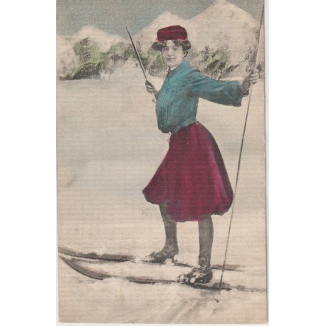 Dame på ski - Julekort -