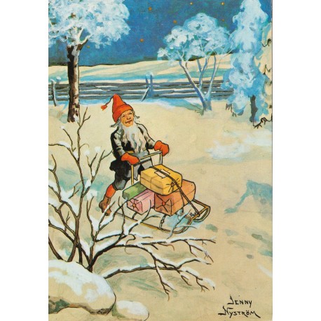 Jenny Nyström - Etter original - God Jul och Gott Nytt År - Nisse med pakker - Postkort