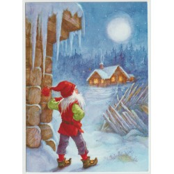 Nisse betrakter hus på avstand - Snø og måne - Postkort