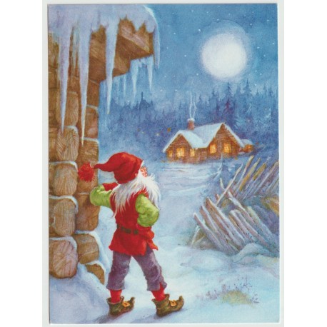 Nisse betrakter hus på avstand - Snø og måne - Postkort