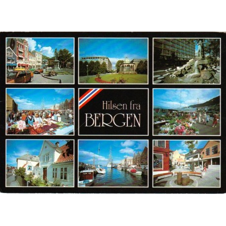 Hilsen fra Bergen - Bryggen, Fisketorget etc - Postkort