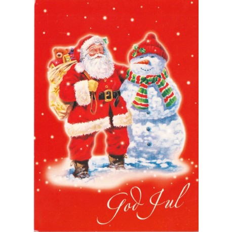 God jul - Julenisse med snømann - Postkort