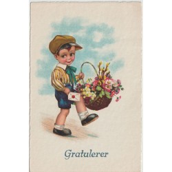 Gratulerer - Gutt med kurv - Postkort