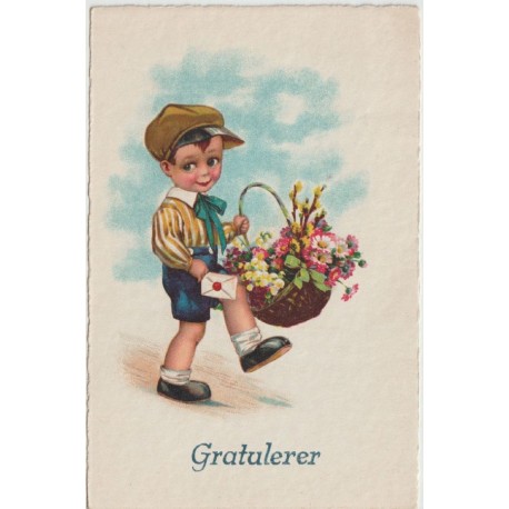 Gratulerer - Gutt med kurv - Postkort