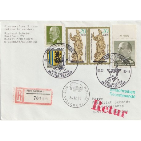 Rek DDR-brev – Mömlingen til Sveagruva, Norge - 1990