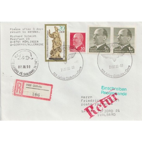 Rek DDR-brev - Gößnitz til Isfjord, Svalbard - 1990 - Brev