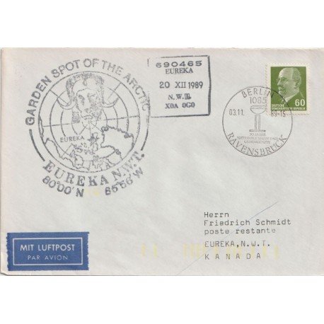 DDR Luftpost - Berlin til Eureka, N.W.T., Canada - 1989 - Brev