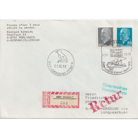 Rek DDR-luftpost - Weimar til Hornsund, Svalbard - 1990 - Brev