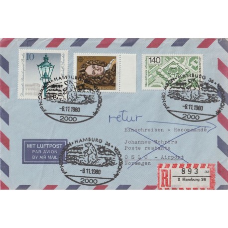 DDR rek - Isbjørnstempel Hamburg - Oslo lufthavn - 1980 - Brev